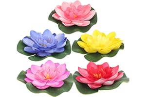 SEWACC 5Pcs Artificial Water Lily Flowers Artificial Floating Foam Lotus Flower with Water Lily Pad, Artificial Lotus for Pond Decor (Mixed Colors)
