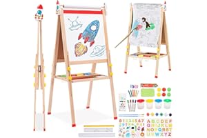 NUKIED Cavalletto per bambini con rotolo di carta lavagna bianca a doppia faccia e lavagna regolabile in altezza cavalletto in legno con vassoio pieghevole numeri e altri accessori regalo per bambini e