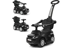 GOPLUS 3 en 1 Correpasillos para Bebés de 1-3 Años, Coche sin Pedales con Espacio de Almacenaje, Coche de Empuje Infantil con Sonido, Asa de Empuje Extraíble y Barra de Seguridad 89x43x84 cm (Negro)