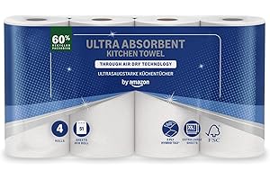by Amazon Essuie-tout Ultra Absorbant à Séchage par Air Traversant, 4 Rouleaux (1 Paquet), 45 Feuilles par Rouleau, Certifié FSC