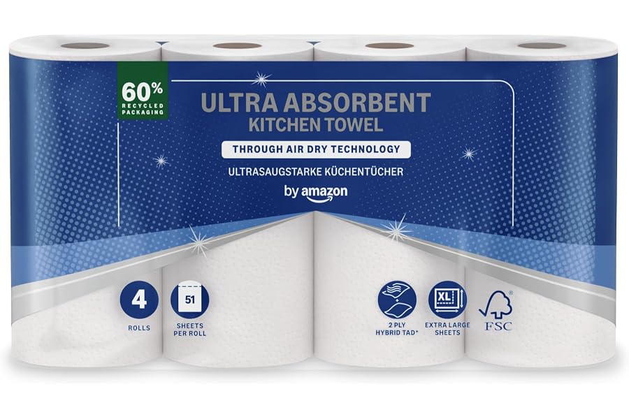 by Amazon Essuie-tout Ultra Absorbant à Séchage par Air Traversant, 4 Rouleaux (1 Paquet), 51 Feuilles par Rouleau, Certifié 