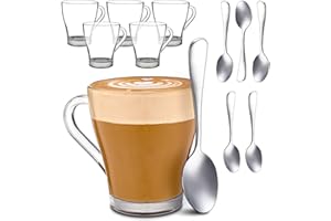 Cosumy 6 Tazas de Capuchino con Asa y Cucharillas - 250ml - Mantienen el Calor - Tamaño Ideal para Máquinas de Café - Aptas para Lavavajillas