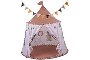 RELSY Tenda pop-up rossa a tema indiano per bambini Tepee, color bronzo caffè tenda per bambini, include 3 metri di luci LED e bandierine da 3 metri, grandi dimensioni 116 cm x 123 cm