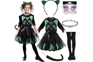 NEUFOOD Kostium kota dla dziewczynki, 6-częściowy zestaw przebrań kota, sukienka dla kota, kocie ucho, kot ogon, tatuaż na twarz, obroże, na Halloween, karnawał, cosplay, imprezę