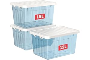 Cetomo 15L*3 Storage Boxes with Lids, Plastic Storage Box with Secure Side Latches, PP Nestable and Stackable Clear Organizer for Home, Office, Moving, Transparent Blue, 15L-3 Pack