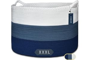 COMSE Extra Large Blanket Basket, Woven Laundry Basket, 55 x 35 CM, Nursery Hamper, Cotton Rope Laundry Hamper Living Room for Storage Toys Clothes Towels, White/Cadet blue/Navy Blue