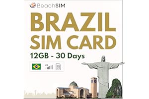 BeachSIM Tarjeta SIM Brasil. 12 GB de Datos a velocidades 4G/5G. Solo SIM de Datos. Roaming Gratuito en Chile, Perú y más de 9 países de Latinoamérica. Válida por 30 días.