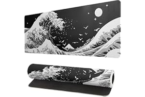 OMOSRI Japanese Black Sea Wave Mouse Pad Abstract Black Gaming Mouse Pad 31.5x11.8 Inch Sea Wave Texture Non-Slip Rubber Base Wave Large Mousepad Stitched Edges Keyboard Mouse Mat Desk Pad for Office Home