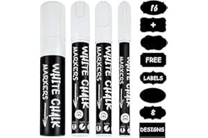 Ulifeme Kreidestift Weiss, 3mm, 6mm, 10mm und 15mm Kreidestifte für Tafel, Fenster & Glas, Trocken & Feucht Abwischbare Kreidemarker, 4 Stück Flüssige Kreide Weiß Set + 16pcs Kreidetafel Labels