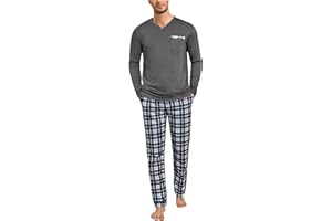 Leversic Pyjama Hommes Hiver Coton Vêtements de Nuit Ensembles de Pyjama col en V Manches Longues et Pantalon à Carreaux S-4XL