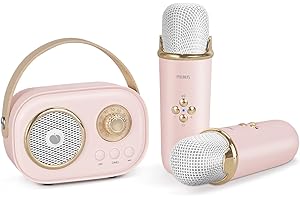 PRUNUS Mini urządzenie do karaoke z 2 bezprzewodowymi mikrofonami dla dzieci, dziewcząt, chłopców, przenośny głośnik Bluetooth, mały automat do karaoke z ulepszonym basem stereo, na imprezę, wesele