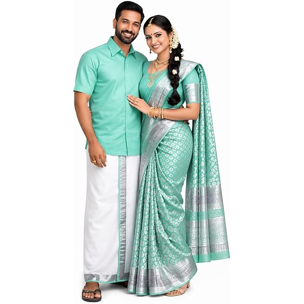 Buy Couple Matching Dress Set  Yellow Silk Saree with Blouse Piece &  Cotton Shirt with Dhoti | Traditional Wedding & Festival Wear for Men and  Women at Amazon.in