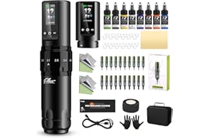EZ TATTOO EZ Kit de Tatuaje - Kit de Máquina de Tatuar con 7 Strokes 2.0-4.0mm Máquina de Tatuar Inalámbrica, Batería de Alimentación de 1600mAh, 20Pzs Agujas Tatuaje para Tatuadores (X30)