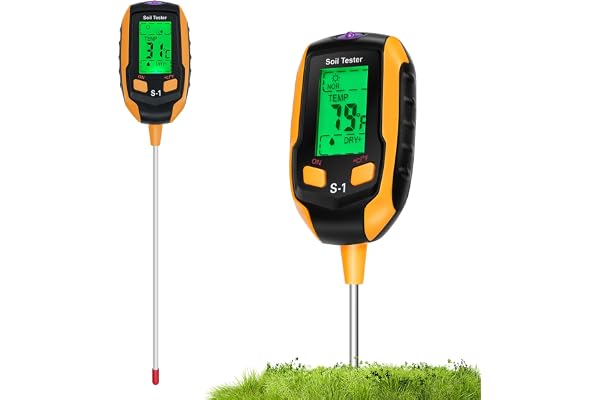 Testeur de Sol 4 en 1, Humidimètre Plantes avec Plantes/Humidité du Sol/pH/Luminosité du Soleil/Humidité Ambiante avec Affichage LCD Rétroéclairé pour Jardinage, Agriculture et Plantes d'Extérieur