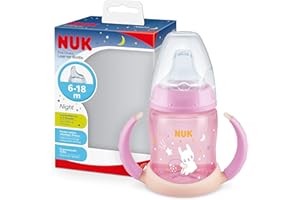 NUK First Choice Sippy Cup Night | 6-18 Months | 150 ml | Glow in The Dark | Handles & Orthodontic Silicone Spout | Leak-Proof | Anti-Colic | BPA-Free | Pink