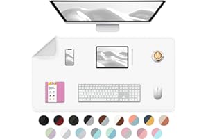 BLESWIN Dual Sided Desk Pad, Large Desk Mat, Waterproof Desk Blotter Protector Mouse Pad, PU Leather Desk Pad Large for Keyboard and Mouse -80cmx 40cm, White+Slivery