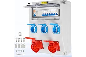 Warmfay Wandverteiler Vorverkabelt Stromverteiler, 3x 230V Schuko Steckdosen + 1x CEE 16A & 32A, Baustromverteiler mit FI-Schalter und LS Schalter, IP67 Wasserdicht Gehäuse für Innen und Außen