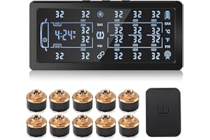 KAOLALI Sistema di Controllo della Pressione dei Pneumatici per Rimorchi, TPMS RV con 10 Sensori, Display a Colori da 7 Pollici, Amplificatore di Segnale per Camper, Rimorchi, Camion (0-188PSI)