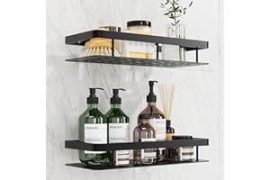QOEOTUY Estantería Baño Sin Taladro: 2 Piezas de Accesorios Baño con 4 Almohadillas Adhesivas Sin Perforación y 2 Paquetes de Tornillos de Instalación - Estante de Ducha (Negro)