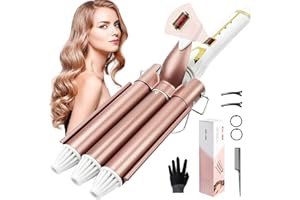 Rizador Pelo Ondas 3 Tubos 25 mm, Kaliwa Ondulador Profesional Plancha Pelo Ondas, Ajuste de Calor 80℃ de 230℃ y Pantalla LCD, Cerámica (25 mm, Oro Rosa)