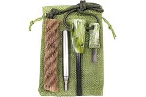 TINDO Feuerstahl Survival Outdoor Set 6-Teilig, Zunder für Feuerstahl, Feuerstahl mit Griff, Teleskop Blasrohr im Transportbeutel, Paracord Band, Feuerstein Survival Abenteuer Grün