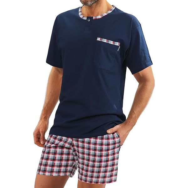 MoFiz Korte pyjama-set voor heren, tweedelig, zacht huispak, ronde hals, T- shirt en slaapshorts, zomernachtkleding, vrijetijdspak met borstzak, zwart, L