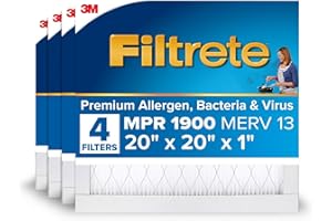 Filtrete 20x20x1 AC Furnace Air Filter, MERV 13, MPR 1900, Premium Allergen, Bacteria & Virus Filter, 3-Month Pleated 1-Inch Electrostatic Air Cleaning Filter, 4-Pack (Actual Size 19.69x19.69x0.78 in)
