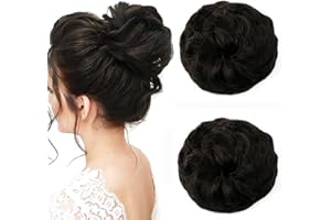 JJstar 2PCS Messy Bun Hair Piece Curly Fake Hair Buns Donut Tousled Updo High Heat Resistant Synthetic Fiber Hair Scrunchies Pieces for Women Girls Ponytail Extension(Black Brown)