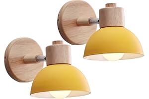 iDEGU 2 Stücke Wandleuchten Moderne Innen Wandlampe aus Holz Metall Halbkreis Lampenschirm E27 Verstellbare Wandspot Vintage Lampe für Schlafzimmer Wohnzimmer (2 Lampen, Gelb)