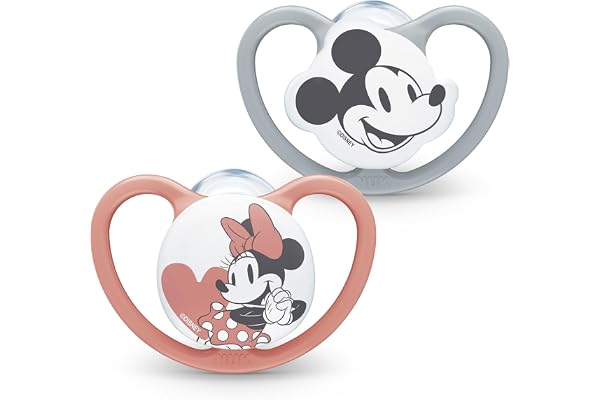 NUK Tétine Space | 0-6 mois | Sucettes avec aérations extra-larges | Silicone sans BPA | Disney Mickey et Minnie Mouse, gris et rose | 2 unités