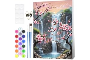 Fumupe Kirschblüten Malen Nach Zahlen Erwachsene mit Rahmen, Malen Nach Zahlen Wasserfall, Diy Set Erwachsene mit Pinseln und Acrylfarben Handgemalt Ölgemälde Leinwand für Home Décor, 20x30cm