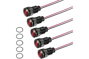 PATIKIL 5Pcs 12mm(15/32") Indicator Light,12V-24V AC/DC LED Plastic Shell Signal Lamp Waterproof IP67 Round Head Signal Lights with 150mm(5.9") Cable for Boat Car,Red