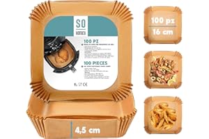 SO GOODS So Homey - Carta Forno per Friggitrice Ad Aria Antiaderente (100Pcs - 16Cm), Accessori friggitrice ad aria quadrata Monouso, Carta per Friggitrice ad Aria Impermeabile e Resistente fino a 220 °C