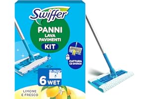 Swiffer Wet Lavapavimenti Kit, 1 Scopa e 6 Panni Umidi, Limone, Maxi Formato, Lava Pavimenti, Pulizia Igienica Profonda, Rimuove Sporco e Batteri, Per Tutti I Tipi di Pavimenti