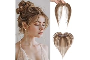 MY-LADY Frange à Clips Cheveux Naturels avec 2 Clips, 100% Cheveux Humains Remy Fausse Frange, Postiche Extension Cheveux Frange, Frange en Bang Perruque pour Femmes (Brun Moyen/Blond Foncé)