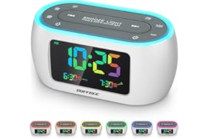 BUFFBEE Radiowecker mit bunten Regenbogenziffern - 7-farbiges Nachtlicht mit EIN/Aus-Option, Doppelalarm, Dimmer & USB-Ladegerät, FM-Radio für Schlafzimmer, netzbetrieben und batteriegestützt