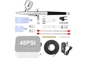 Omeyo Airbrush Kit with Air Compressor, 48 PSI High Pressure Air Brush Non-Clogging with 0.2/0.3/0.5mm Nozzle/Cleaning Sets, Ideal for Painting, Modeling, Cake Decor, Pastry, Makeup, Nail Art White