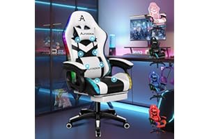 ALFORDSON Sedia da Gaming da Corsa, Sedia da Gaming per Massaggi con Illuminazione RGB a 12 LED Colorati, Poltrona Ergonomica con Supporto Lombare, Sedia a Sdraio con Poggiapiedi, Pelle PU, Bianco