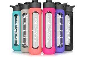 Be-Active Szklana butelka na wodę, 700 ml, z klapką z napisem "Times to Drink", szkło borokrzemowe, motywacyjne, nie zawiera BPA, przyjazna dla środowiska, szara
