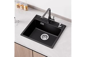 ANYCEE Fregadero Cocina 1 Seno Negro 50x46 cm, 80% Arena Cuarzo Fregadero CocinaIncl Sifón para Armarios Bajos a Partir 50 cm Ancho