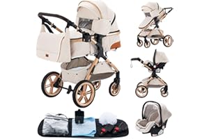 GLOKID Poussettes 3 en 1 Citadines Poussettes Combinées Poussette Tricycle Baby Walker Poussette Haute Paysage Poussettes Pliantes Trolley Bébé Landau pour 0-36 (XX1 Crème)
