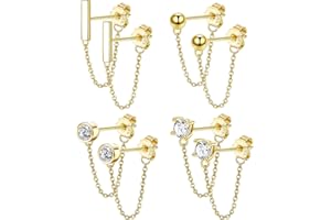JeweBella 4 Paia Orecchini Donna Argento 925 Orecchini a Catena con Zirconia Minimalista Piccoli Orecchini Pendenti con Barra Sfera Ipoallergenici Set Orecchini Donna Argento/Oro