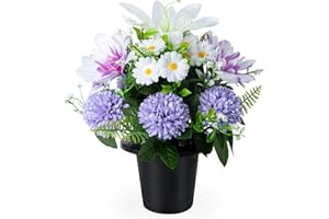 SIFOEL Fleurs de cimetière artificielles en pot, chrysanthèmes artificiels, lys et marguerites avec pot, fleurs commémoratives pour cimetière, funérailles, décoration de tombe (1 pièce, blanc et