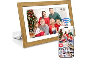 OLUTULA Digital Photo Frame Wifi, 10.1 Inch Oak Wood Picture Frame, 1280x800 HD IPS Touch Screen, 32GB Memory, Auto Rotate, Easy Setup, Share Photos via Frameo APP, Gifts for Grandparents,Women,Men