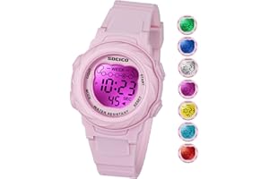 SOCICO Montre numérique pour Enfants, résistante à l'eau 5ATM, 7 Couleurs Lumineuses avec Alarme et chronomètre pour Filles et garçons âgés de 5 à 12 Ans.