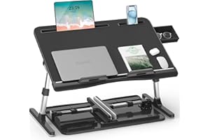 Potuopy Table de lit pour Ordinateur Portable en Cuir, Angle de Hauteur réglable, Support Pliable pour Ordinateur Portable avec Planche en Bois écologique pour Travailler, Lire, Manger sur Le lit, Le