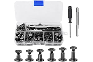 DYMHQ 110 Sets Chicago Binding Screws Assorted Kit, 6 Sizes Gun Color Binding Screw Leather Rivets Kit, 4/5/6/8/10/12mm Book Binding Rivets with Punch Screwdriver, Flat Head Leather Rivets for DIY Albums