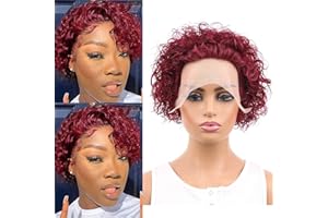 Huarisi Pelucas Mujer Pelo Rizado Natural Corto, 1b99j Short Curly Pixie Cut Wigs for Women, 13x1 Lace Front Curly Wig Glueless, 6 Inch Ombre Burgundy Human Hair Wigs Pre Plucked