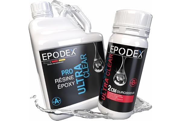 EPODEX PRO, Kit Résine époxy transparente pour des coulée jusqu'à 2 cm d'épaisseur, avec ou sans pigments, résine pour bijoux, arts & artisanat, kit DIY - CLEAR - Transparent - 1,5kg
