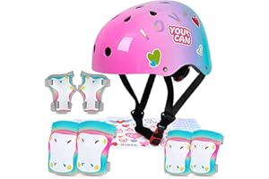 MHJY Kids Helmet and Pads Set with DIY Stickers Girls Bike Helmet Age 3-8 Years Unicorn Knee and Elbow Pads Adjustable Protective Gear for Children Cycle, Skateboard Scooter, Roller Skates